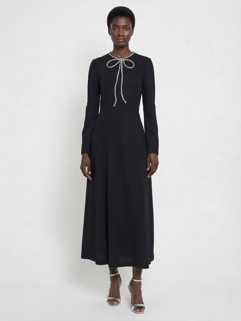 O.P.T/Size Large 
Elegant Black Long-Sleeve Rhinestone Bow Trim Midi Dress